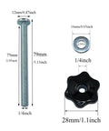 Heavy Duty T Track Knob Kit with galvanized screws, quarter twenty threads, three inches long, black hex nuts, washers, woodworking jigs.