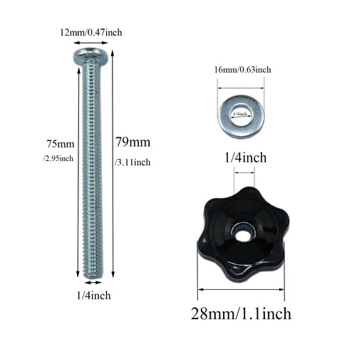 Heavy Duty T Track Knob Kit with galvanized screws, quarter twenty threads, three inches long, black hex nuts, washers, woodworking jigs.