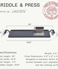 Made In Professional Carbon Steel Griddle With Cast Iron Grill Press, Giant Hibachi Style Plancha Combo For Indoor Outdoor Cooking, Induction Compatible Heavy Duty Flat Top Pan Up To 1200 Degrees Fahrenheit dimensions and specifications layout.