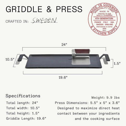 Made In Professional Carbon Steel Griddle With Cast Iron Grill Press, Giant Hibachi Style Plancha Combo For Indoor Outdoor Cooking, Induction Compatible Heavy Duty Flat Top Pan Up To 1200 Degrees Fahrenheit dimensions and specifications layout.