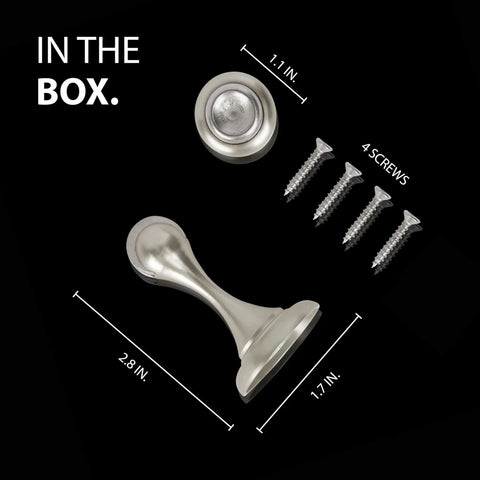 Heavy Duty Magnetic Door Stopper Finished In Sleek Satin Nickel To Lock Doors Wide Open And Nip Nasty Wall Scuffs In The Bud While Blocking Ugly Slap Damage with dimensions and screws.