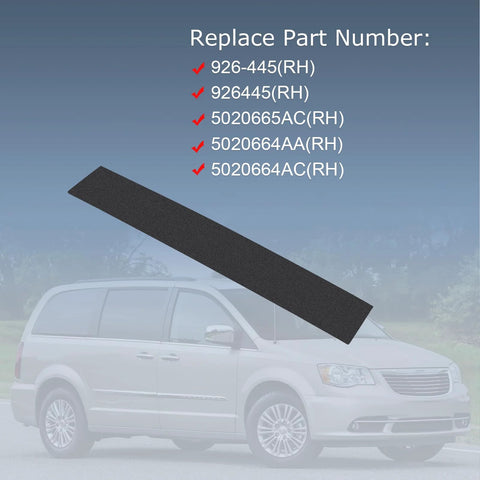 Right passenger-side B-pillar exterior trim molding, black plastic, for Chrysler Town & Country and Dodge Grand Caravan.