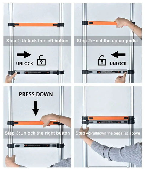 Step-by-step instructions for unlocking the Telescoping Aluminum Ladder 12.5 Foot Lightweight Extension Collapsible Ladder for RV Home Loft Attic 330 Lbs Capacity Non Marking Tube Grab And Go Easy Fold Storage.