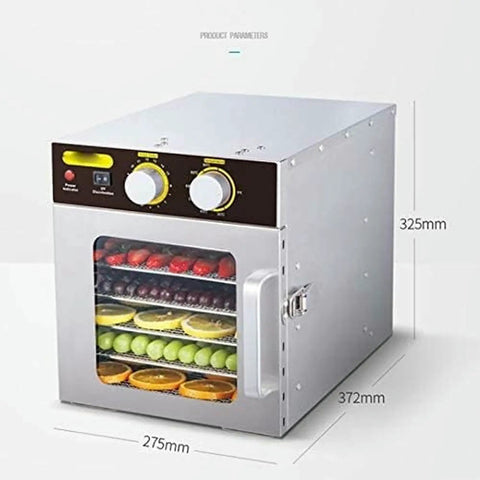 Six Layer Stainless Steel Food Dehydrator And Fruit Dryer Machine for Vegetables Meat Jerky with mechanical timer control.