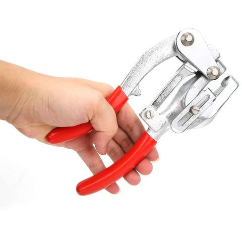 Hand Held Power Punch Kit With 16 Piece Tool Set For Sheet Metal Iron And Plastic with red handles, held in hand.