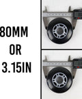Digital calipers measuring 80mm 82A black inline skate wheel with 5-spoke hub, focus keyword: Inline Skate Wheels 80mm 82A Black Outdoor Roller Hockey 8 Pack For All Purpose Skating Durable Urethane With 5 Spoke Hub Great For Indoor Or Outdoor Play And Smooth Rolling.