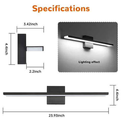 Black 24 Inch Vanity Light Fixtures With Sleek Modern LED Vanity Lighting For Over Mirror Wall Sconce Direct Wire 6000K