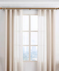 Wood Curtain Rod Set For Windows 72 To 144 Inches Adjustable Easy Install 1 Inch Diameter Heavy Duty Drapery Rod in beige room