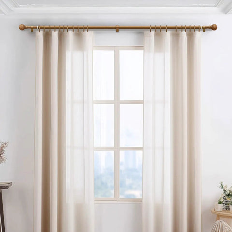 Wood Curtain Rod Set For Windows 72 To 144 Inches Adjustable Easy Install 1 Inch Diameter Heavy Duty Drapery Rod in beige room