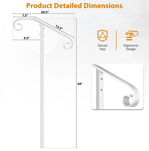 Product dimensions of Heavy Duty Wrought Iron Non Drill Handrail Railing For Outdoor Steps with ergonomic design.