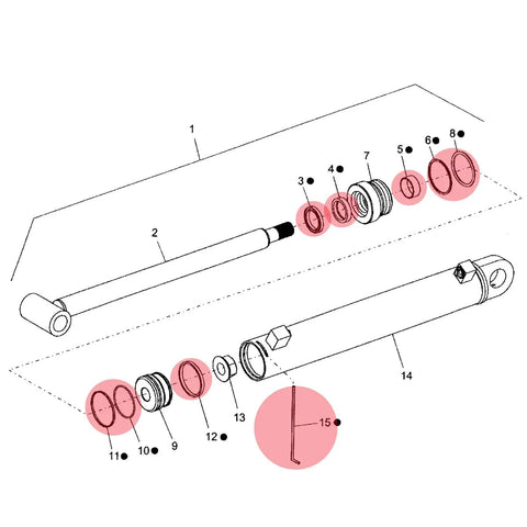 Diagram of heavy duty hydraulic cylinder seal kit for Ford New Holland and Case IH farm gear with lift bucket boom and tilt cylinders.