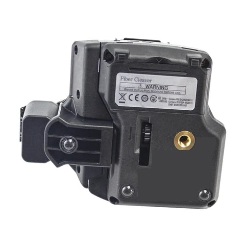 CT50 Optical Fiber Cleaver back view showing the blade holder and warning label for fiber cable splicing use.