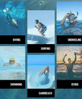 Collage of watersports: diving, surfing, snorkeling, swimming, beach lounging, sunset silhouette.