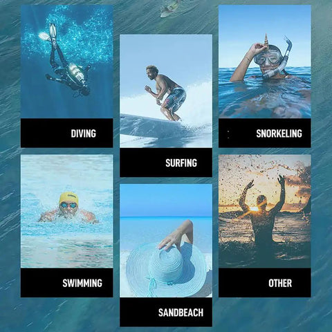 Collage of watersports: diving, surfing, snorkeling, swimming, beach lounging, sunset silhouette.