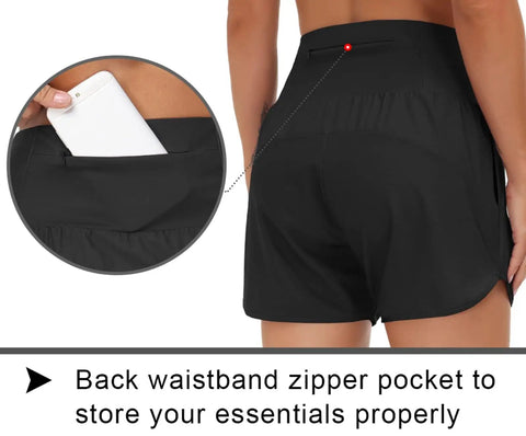 Women's High Waist Running Shorts With Liner For Athletic Training And Hiking Zip Pockets And Back Pocket Secure No Roll Waistband Black