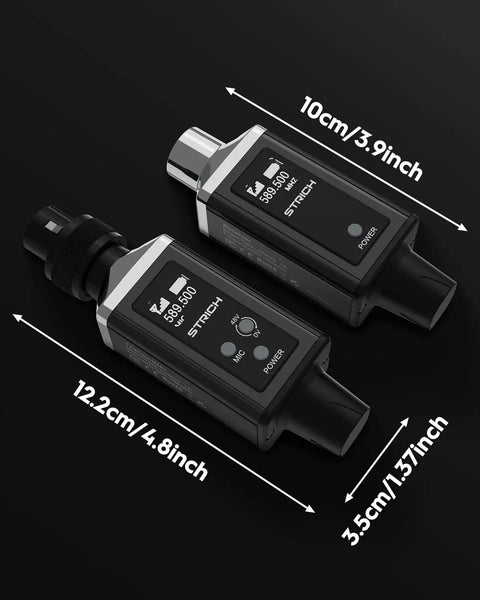 M3 UHF Wireless Microphone System With XLR Transmitter And Receiver dimensions shown in black finish