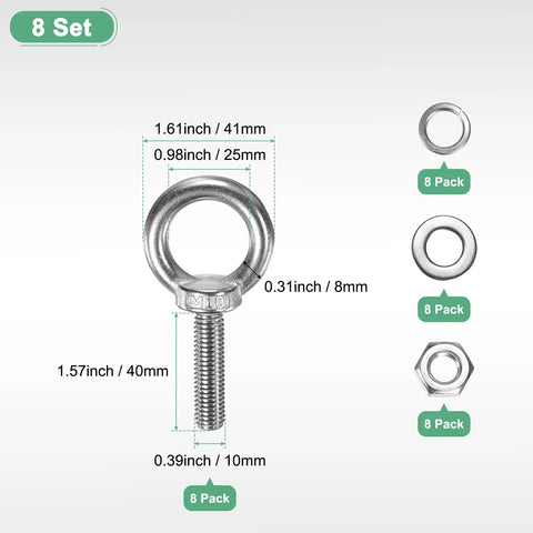 Premium Stainless Steel Eyebolts M10x40mm Solid As A Rock Shoulder Lifting Eye Bolts with nuts and washers in eight pack.