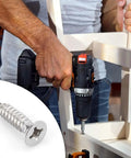 Heavy Duty Fifty Pack 12 X Half Inch Flat Head Phillips Self Tapping Screws Stainless Steel 304 being used with a drill for wood.