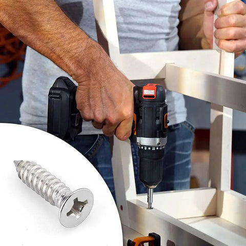 Heavy Duty Fifty Pack 12 X Half Inch Flat Head Phillips Self Tapping Screws Stainless Steel 304 being used with a drill for wood.