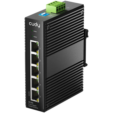 5 Port Gigabit Industrial Network Switch With DIN Rail Mount IP40 Rated And Polarity Reversal Protection Short Circuit Protection And Broadcast Storm Prevention On Off Plus EMI Immunity And Rugged Aluminum Housing IG1005