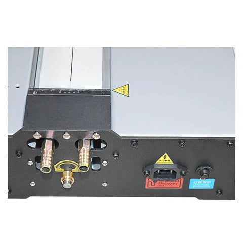 Compact Infrared Acrylic Bender For Plastic Sheets And Organic Boards Featuring Adjustable Heat Settings Plus Circulating Water Cooling view of control panel and coolant connections.