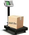 Heavy Duty Digital Postal Scale With 660 Lb Capacity Foldable Platform Stainless Steel Build Dual Sided Display Ideal For Shipping Luggage And Mailing Indoor Outdoor Use Portable Floor Scale For Home Office with a box on scale