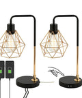 Set Of 2 Touch Control Black And Gold Desk Lamps With 2 USB Ports, Industrial Cage Style Bedside Reading Lamps, 3 Way Dimmable