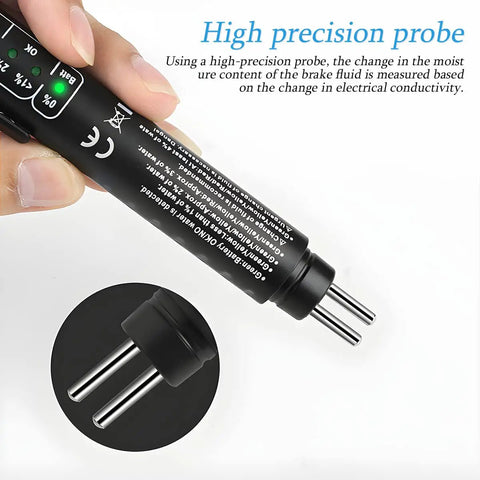 Close-up of Brake Fluid Tester Pen With Five LED Indicators, high precision probe shown for detecting moisture in brake fluid.