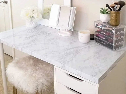 Desk with White Grey Faux Marble Contact Paper, showing Marble Contact Paper For Countertops Peel And Stick Self Adhesive Waterproof