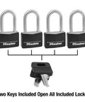 4 Pack Keyed Alike Aluminum Padlocks With Vinyl Covered Body And Hardened Steel Shackle shown with two keys below
