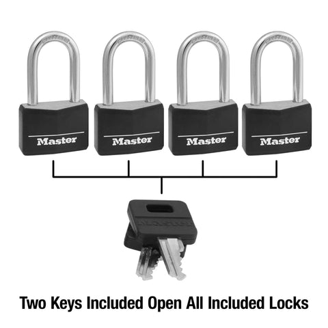 4 Pack Keyed Alike Aluminum Padlocks With Vinyl Covered Body And Hardened Steel Shackle shown with two keys below
