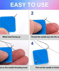 Steps showing use of blue Automatic Needle Threaders from 12 Pack Automatic Needle Threaders For Hand And Machine Sewing.