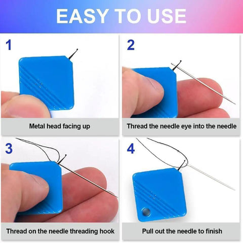 Steps showing use of blue Automatic Needle Threaders from 12 Pack Automatic Needle Threaders For Hand And Machine Sewing.