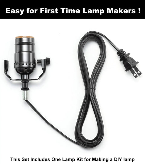 Black Lamp Wiring Kit For DIY Repairs 12 Ft Lamp Cord Replacement With 3 Way Socket and plug displayed on white background