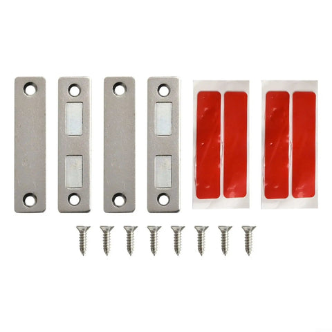 Ultra Thin Magnetic Cabinet Catch for Doors Drawers and Closets with Dual Magnets, adhesive strips, and screws shown