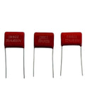 Must Have CBB22 Metallized Polypropylene Film Capacitor Kit, 400V And 630V, 25 Values, 250 Pieces, Assorted Capacitors From 0.001uF To 0.68uF, Red Inline 2 Pin, Tolerance Five Percent showing three capacitors with visible voltage ratings.