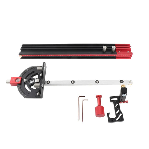 Pro Grade Table Saw Miter Guide With 13 Positive Angle Stops, Extendable Fence From 20 To 36 Inches, seen disassembled, aluminum components
