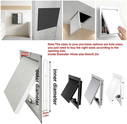 Heavy Duty Galvanized Steel Access Panel For Drywall features snap shut concealed magnetic door, shown in various angles and sizes.