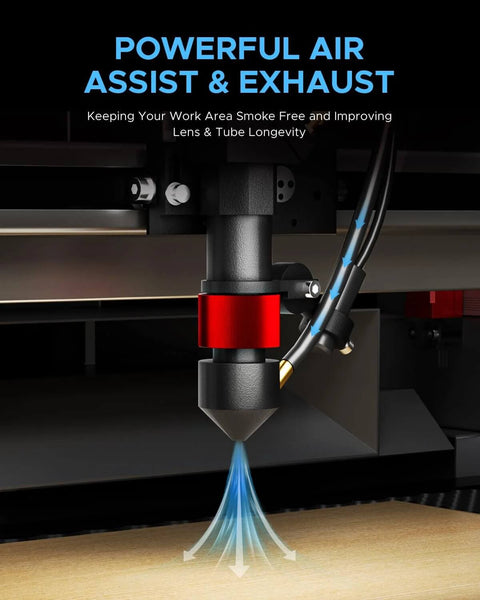 OMTech K40+ 45W CO2 laser engraver, close-up of the laser head with air assist over a wooden work surface