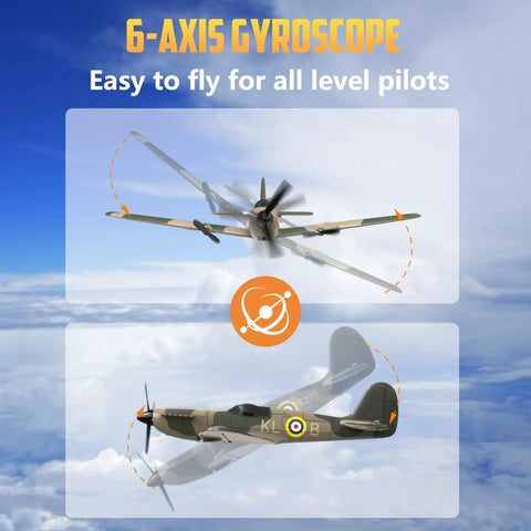 3 Channel RC Plane Spitfire Fighter Ready To Fly Warbird with 6 Axis Gyro, shown in flight with sky background.