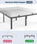 Adjustable Non Slip Mattress Grips Six Piece Set demonstrated on a metal platform bed, showing placement before and after use.