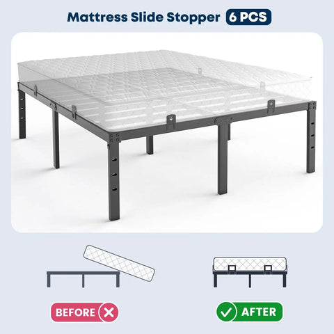 Adjustable Non Slip Mattress Grips Six Piece Set demonstrated on a metal platform bed, showing placement before and after use.