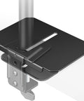 Rock Solid Adjustable Steel Monitor Mount Reinforcement Plate And Desk Stabilizer With Extra Wide Eva Base showing support plate under monitor arm.