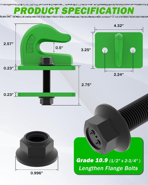 2 Pack 3 By 8 Inch Tractor Bucket Grab Hooks Grade 70 Forged Steel Bolt On Grab Hooks With Backer Plate specifications green