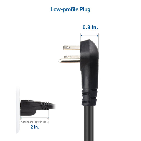 Heavy Duty Short Power Extension Cord 1 Foot, 14AWG 15A, Black low profile plug in detail, showing 0.8 inch depth