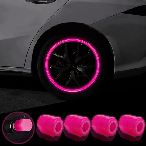 Glow In The Dark Tire Valve Cap Set For Cars, Motorcycles, And Bicycles, Universal Waterproof Noctilucent Valve Caps In Pink on car wheel