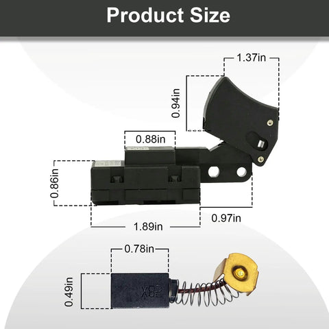 Product size diagram of Dead Nuts Reliable Sw77 Aftermarket Circular Saw Trigger Switch and carbon brush set dimensions.