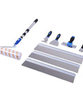 Professional Self Leveling Cement Tool Kit Featuring Four And Six Point Five Inch Notched Trowels Nine Inch Paint Roller Extension Pole Handle Plus Heavy Duty Scrapers For Dead Flat No Hassle Floors, includes various trowels and roller.