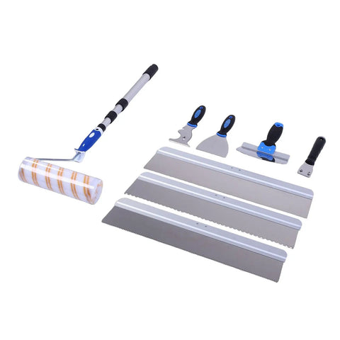Professional Self Leveling Cement Tool Kit Featuring Four And Six Point Five Inch Notched Trowels Nine Inch Paint Roller Extension Pole Handle Plus Heavy Duty Scrapers For Dead Flat No Hassle Floors, includes various trowels and roller.