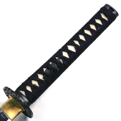 Close-up of handle, Unsharpened Carbon Steel Iaito Iaido Practice Katana Sword For Safe Training 41 Inch Overall Length Full Tang Blade Crane Tsuba.